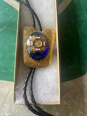 Veterans of Foreign Wars Gold and Blue Enamel Western Bolo Tie